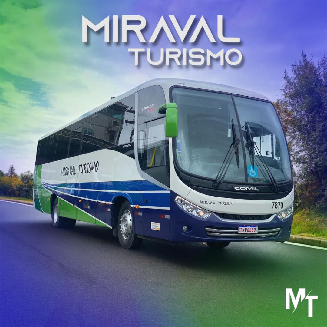 Ônibus moderno da Miraval Turismo em destaque